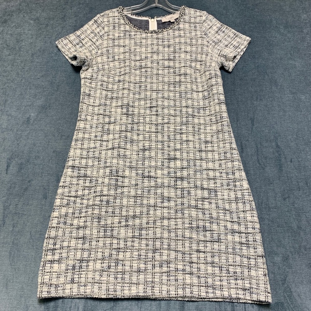 Loft Tweed Shift Dress Womens 8 Gray Stretch Back Zipper Glen Plaid Pleated